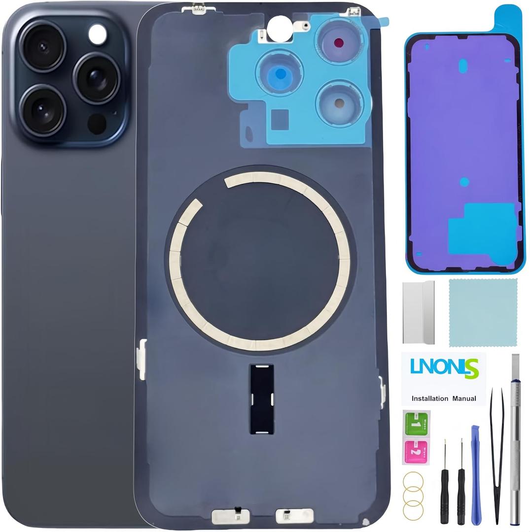 LNONLS 15 Pro Max Back Glass Replacement for iPhone 15 Pro Max Rear Back Cover Glass Waterproof and Camera Lens+Professional Repair Tool Kit (Blue Titanium)