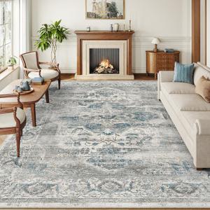 8x10 Area Rugs for Living Room, Machine Washable Non Slip Vintage Rug, Non-Slip Stain Resistant, Large Soft Home Decor Rug for Bedroom Dining Room (Blue/Grey,8'x10')
