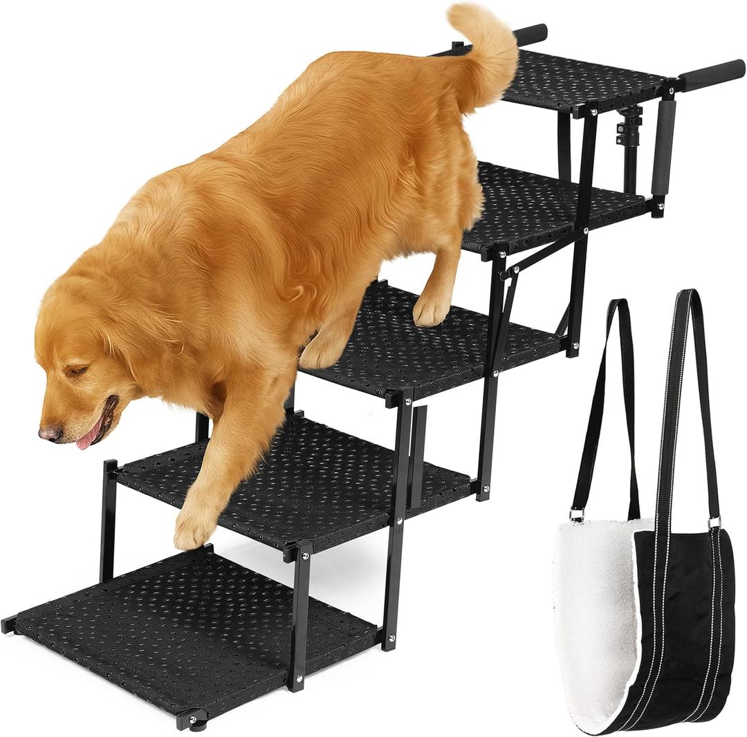 VERALUX Dog Stairs for Large Dogs to Get in Car - 5 Step Foldable Pet Ladder Holds 200lbs - Includes XL Lift Harness - Non-Slip, Joint-Friendly Steps for SUVs, Trucks, Vehicle Entry