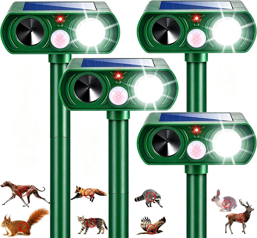 4 Pack Upgraded Sonic Fortress Pro Deer Repellent Solar Animal Repellent Ultrasonic Outdoor Cat Deterrent with Motion Sensor Strobe Light for Skunk Rabbit Raccoon Squirrel Fortress Pro for Yard Garden
