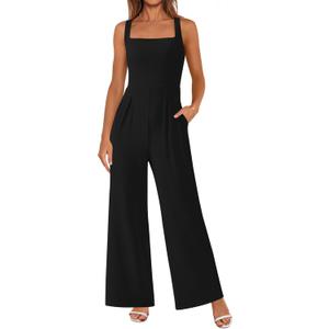 PRETTYGARDEN Summer Sleeveless Jumpsuits for Women Dressy Square Neck Wide Leg Pants Knit One Piece Rompers Fashion Clothing (X-Large, Black)