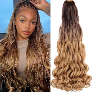 COOKOO French Curly Braiding Hair - 22 Inch, 9 Packs, Pre Stretched, French Curl, Bouncy, Ombre Brown to Blonde, Loose Wavy, Synthetic Hair Extensions for Black Women (OT4/27#)