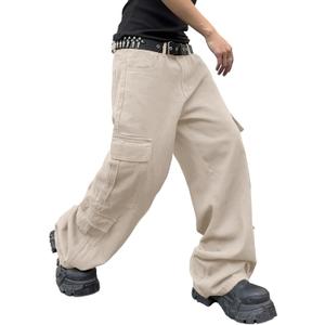 DFGIGT Baggy Denim Cargo Pants for Men with Pockets Mid Weight Wide Leg Hip Hop Skater Jeans Streetwear (M)