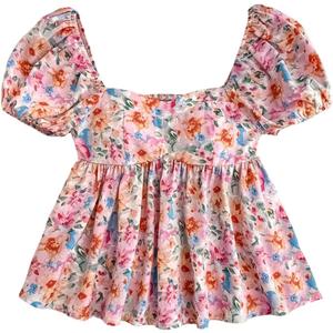 SweatyRocks Girl's Cute Floral Print Short Puff Sleeve Ruffled Blouse Square Neck Ruffle Peplum Tops (Pink)