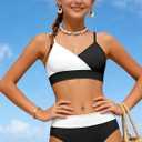 ADIFUN Girls Swimsuits Size 10-12 V Neck Adjustable Straps Black Color Block Bikini Set with Cover Up Skirts 3 Piece Teen Girl Bathing Suits Size 10-12