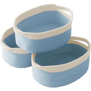 JMvicyroam Woven Basket,Small Rope Storage Bin with Handles & Ribbon Bag, Organizer for Shelves Closets,Gift Basket Empty for Birthday,Books,Dog Toys, White&Blue/3 Pack