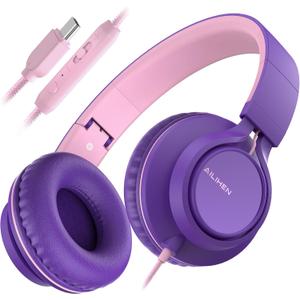 AILIHEN C8 USB-C Headphones Wired - On-Ear Corded Headset with Microphone & Volume Control, Foldable Stereo Sound Tangle-Free Type C Cord, Compatible with Cellphone, Laptop, PC, Computer (Purple Pink)