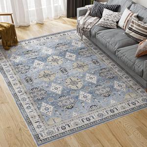 Dripex Washable Area Rug 6x9 Living Room Rug Stain & Water Resistant Foldable Thin Vintage Rugs Faux Wool Floor Carpet for Bedroom Dining Room Kitchen Bathroom Farmhouse Office (Blue/Gold)