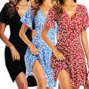 ChongBaiJia 3 Piece Womens Sundresses Summer Floral Short Sleeve Wrap V Neck A-Line Midi Casual Vacation Dresses 2025, Medium, Black/Blue/Red2