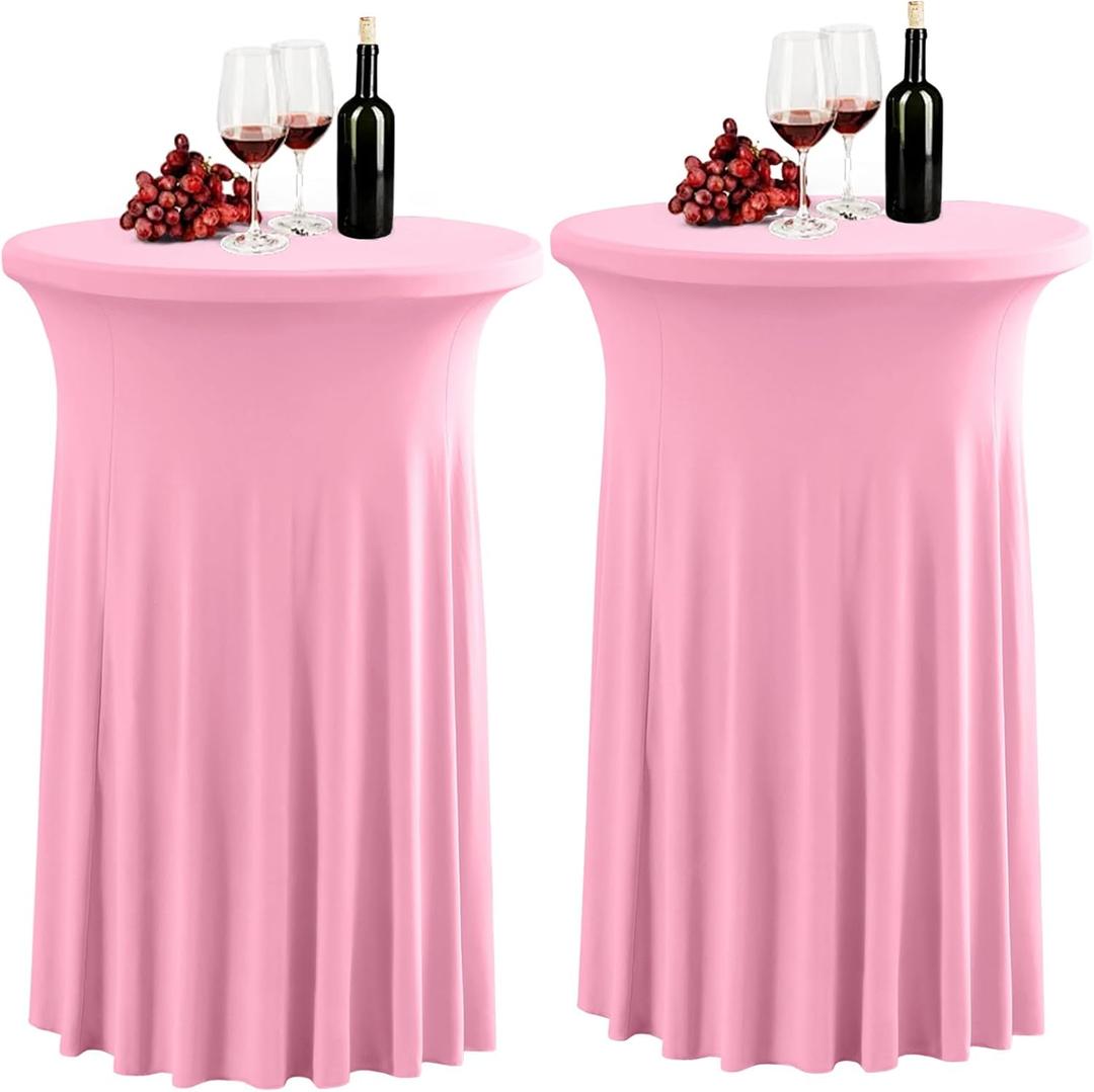 2 Pack Pink Spandex Stretch Round Table Covers with Skirt - 24x43 Inch Fitted Elastic Cocktail Tablecloth for High Top Bar, Party & Wedding Decor, Pink