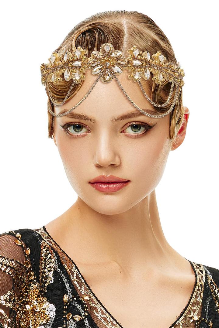 BABEYOND 1920s Flapper Headpiece Roaring 20s Headband Great Gatsby Headband Chain for Women Vintage Hair Accessory (Gold)