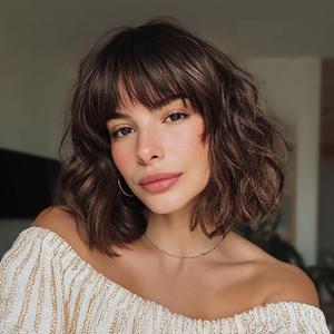 Short Highlight Wig with Bangs for Women Brown Mixed Gold Wig Highlights Medium Length Synthetic Hair Wavy Bob Wig Colorful Wigs14 Inches
