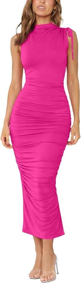 IHOT Women's Mock Neck Sleeveless Mesh Back Slit Ruched Bodycon Wedding Guest Cocktail Evening Party Midi Dresses Global Recycled Standard, Small
