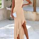 PRETTYGARDEN Wedding Guest Dresses for Women 2026 Summer Formal Gala Maxi Dress Ruffle Mermaid Cocktail Long Dresses (Beige, M)