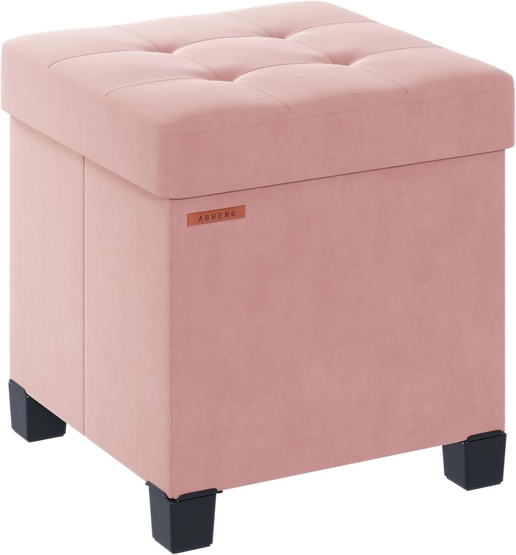 Cube Storage Ottoman, Velvet Foot Stool with Feet, Folding Storage Bench, End of Bed Bench, Chest, for Living Room, Bedroom and Office, 15 x 15 x 15.7 Inches, Jelly Pink, ASND22P