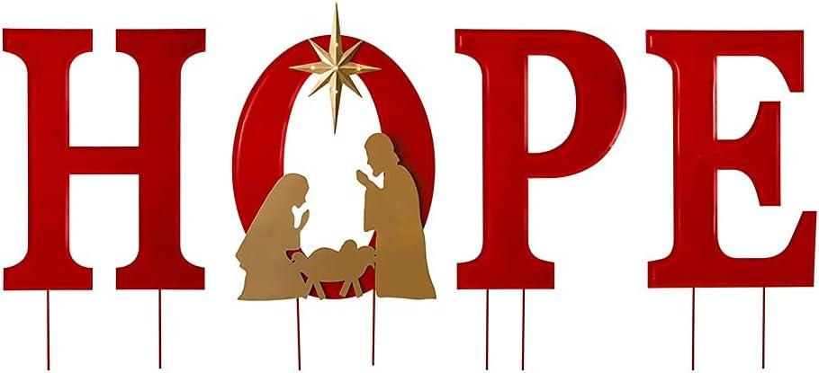 Glitzhome 32" H Lighted Metal Hope Garden Stakes, Christmas Garden Ornaments Yard Stake, Standing Decor or Wall Dcor Decorative Sign for Xmas Indoor Outdoor Decorations