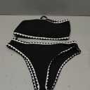 ZAFUL Women Strapless Textured Bandeau Bikini 2 Piece Swimwear Cheeky Solid Lace up Bathing Suits (Medium, 4-black-teeth)