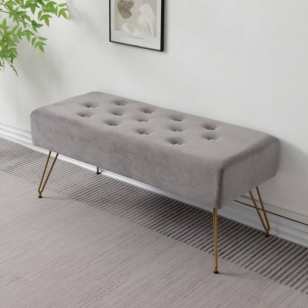 Velvet Button-Tufted Entryway Bench, 39.37" Modern Upholstered Bedroom Bench with Gold Metal Legs, Padded Rectangular End of Bed Bench for Living Room, Dining Room (Grey), 39.3" W x 16" L x 16.8" H