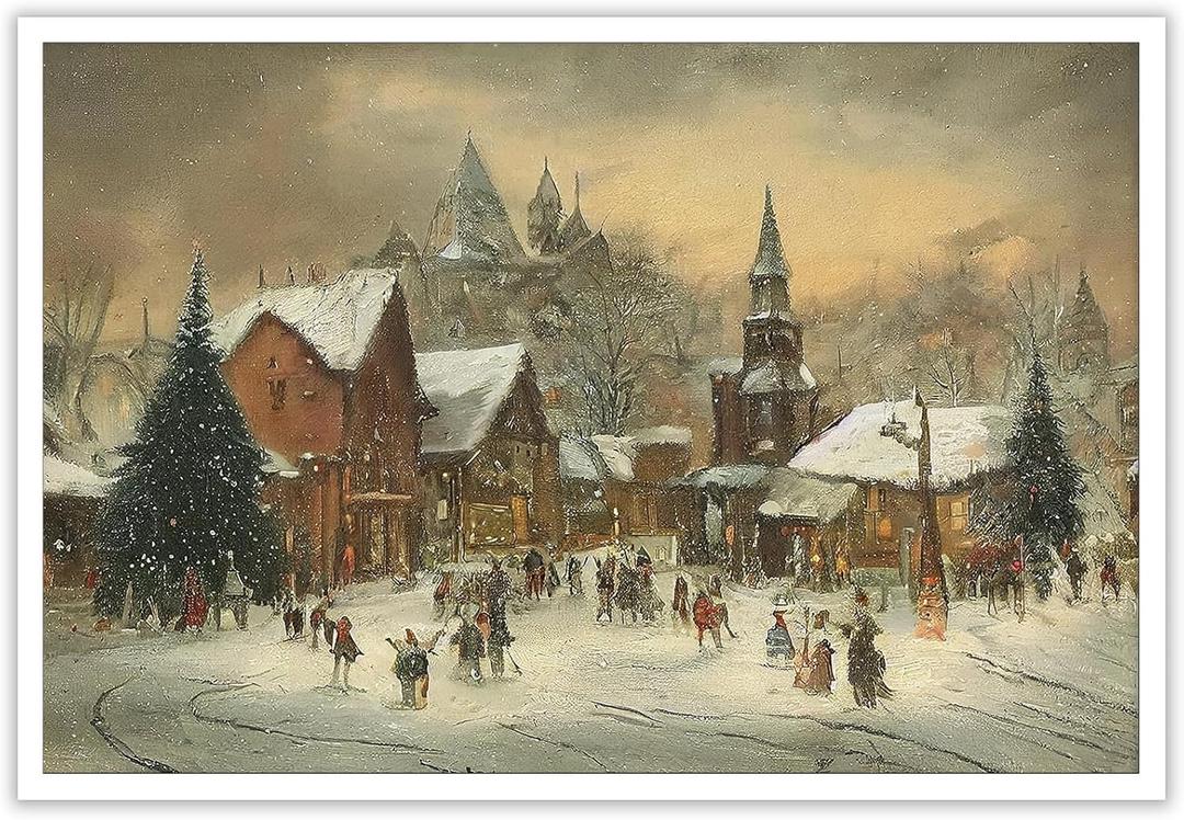 2 x Huabsad Vintage Christmas Canvas Wall Art 18th Century Winter Village Landscape Famous Oil Painting Art Work Prints Farmhouse Aesthetic Pictures Wall Decor 12x16in Unframed