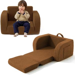 Kids Couch, 2-in-1 Toddler Chairs Comfy 1-3 Years Old, Toddler Couches That Fold Out, Toddlers Sofa for Girls and Boys, Convertible Kids Sofa to Lounge Chair for Playing, Reading, Napping, Brown