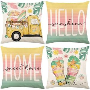 Pack of 2 Ni-JASW Hello Summer Throw Pillow Covers 18x18 in, Beach Theme Tropical Truck Cushion Case for Sofa Couch Set of 4