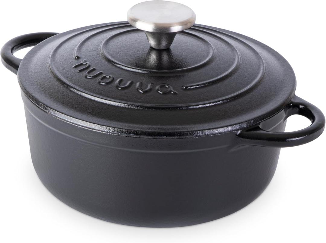 Cast Iron Dutch Oven with Lid  Non-Stick Ovenproof Enamelled Casserole Pot  Sturdy Dutch Oven Cookware  Black, 2.1-Quart, 20cm  by Nuovva