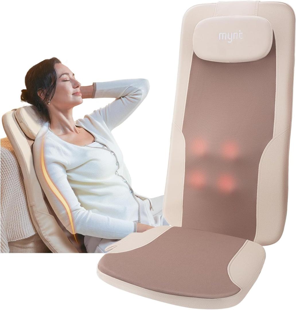 Mynt FSA HSA Eligible Foldable Back Massager, Chair Massager with Soothing Heat, Flexible Massage Chair Pad with Soft S-Curve Longer Track Adjustable Pillow for Diverse Body Contours, FSA/HSA Approved