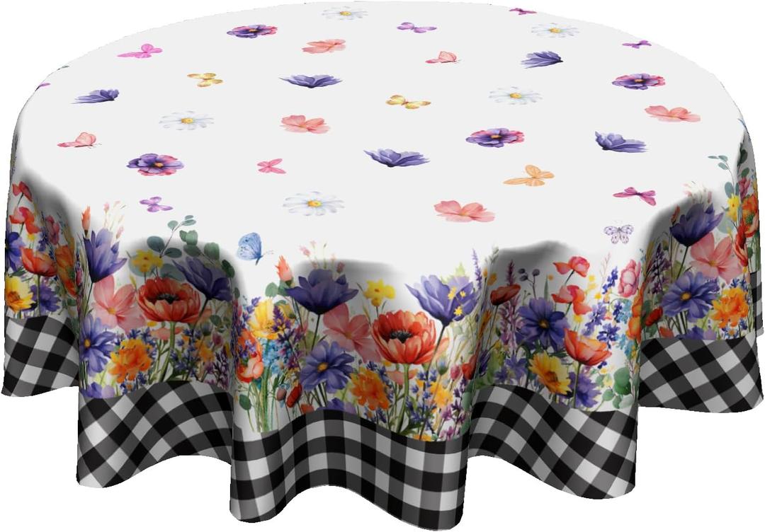 Colorful Floral Tablecloth - Spring Summer Flowers Round Table Cover 60 Inch for Kitchen Holiday Picnic Party Dinner Room Outdoor Decor Buffalo Plaid Wildflower Multicolor