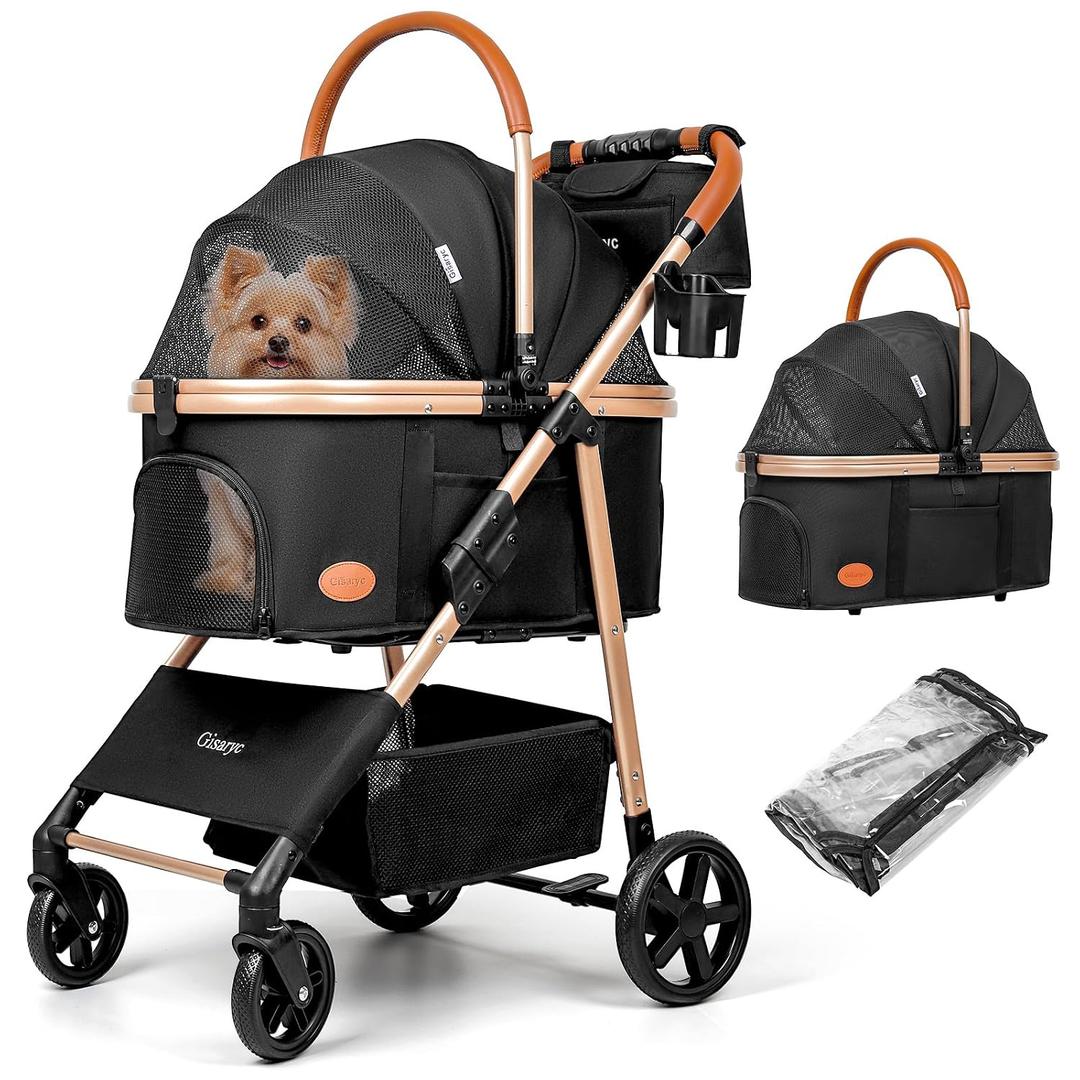 Dog Cat Stroller for Small/Medium Pets up to 50 lbs, 3-in-1 Foldable Pet Stroller with Detachable Carrier, Car Seat, Storage Basket, Cup Holder, Hanging Bag, Rain Cover, All-Terrain 4 Wheels (Black)