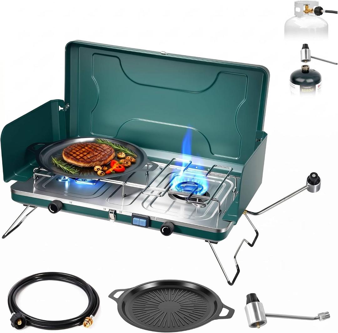 2 Burner Propane Stove, 20000BTU Portable Camping Stove with 2 Adjustable Burner and Wind Guards, Camping Cooktop with Ignition & Griddle for Camping,Tailgating, BBQ, Grilling,Outdoor Gear