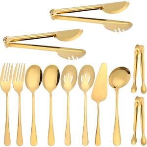 12Pcs Gold Serving Utensils Set, Stainless Steel Serving Utensils Set includes Serving Spoon, Serving Solted Spoons, Fork, Sugar Tongs, Food Tongs, Cake Spatula, Soup Spoon for Parties, Buffet