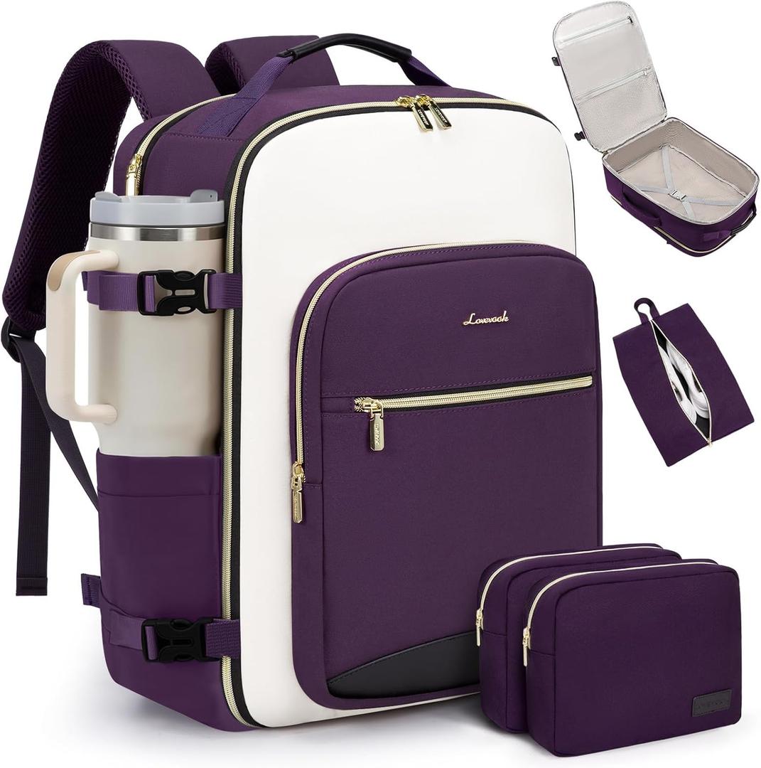 LOVEVOOK 40L Travel Backpack for Women & Men, Airline Approved Carry On Luggage with 3 Packing Cubes, TSA Overnight Bags, Waterproof Personal Item Bag, Weekender Essentials Backpacks fits 17" Laptop (Purple-beige-black)