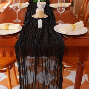 Snowkingdom 10 Ft Black Cheesecloth Table Runner, 120 inch Long Cheese Cloth Boho Gauze Runner for Wedding Bridal Baby Shower Birthday Holiday Party Sheer Halloween Table Decorations, X-Large