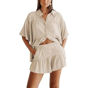 Qiaomai Womens 2 Piece Outfits Summer Ruffled Shirt and High Waist Shorts Matching Set M Beige