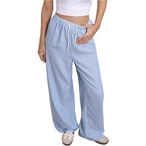RoseSeek Women's Striped Print Straight Wide Leg Linen Pants Drawstring Waist Slant Pockets Pants Casual Long Pants, XL