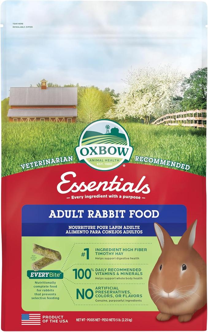 Oxbow Essentials Rabbit Food, Adult Rabbit, Made with Oxbow Timothy Hay, Pet Pellets with Vitamins & Minerals, Small Animal Pet Products, Bunny Supplies, Made in USA, Bunny Food, 5 lb (EXP 05/22/28)