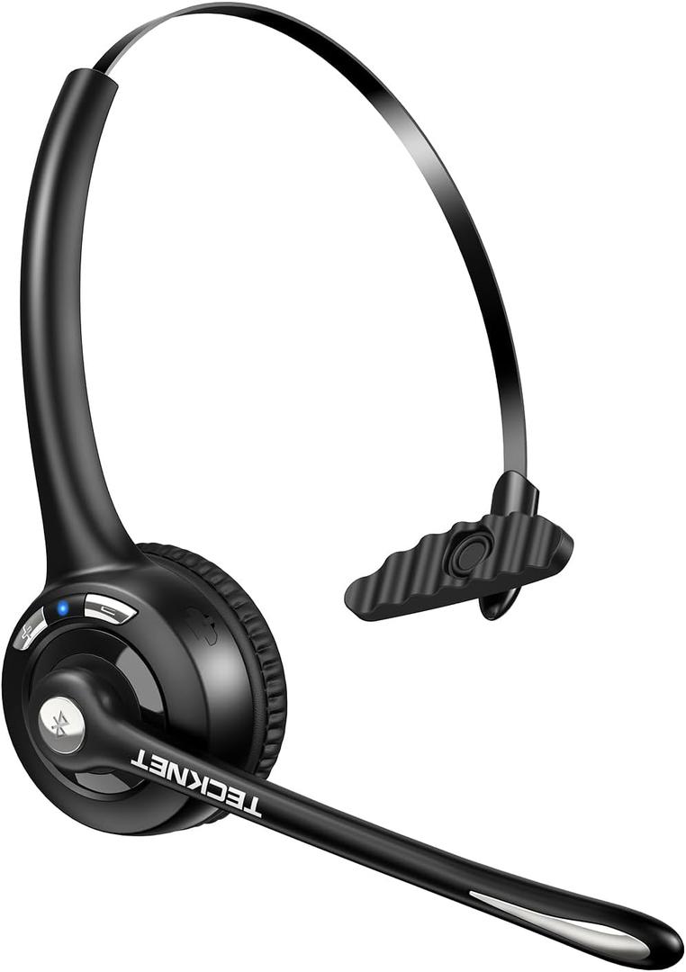 TECKNET Bluetooth Headset, Wireless Headset with Noise Canceling Microphone for Trucker, On-Ear Bluetooth Headphone with Mute Mic for Work (Black & White)