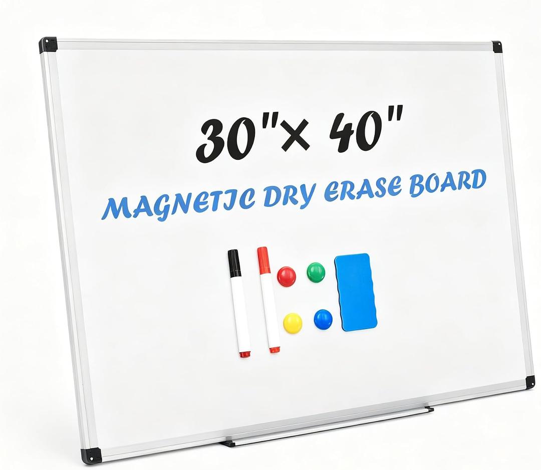 Simple Deluxe Magnetic White Board for Wall, 40" x 30" Dry Erase Board, Includes 1 Dry Eraser & 2 Multicolor Markers & 4 Magnetic Pins, Reinforced Aluminum Frame for Home Office Classroom