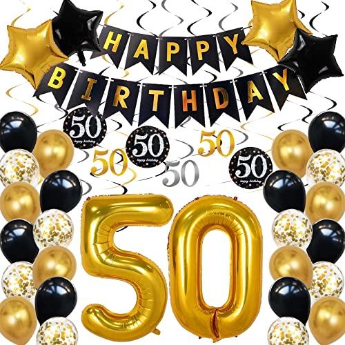 50th Birthday Decorations for Men Women, Over The Hill Party Supplies 50th Balloons Happy Birthday Banner Hanging Swirls for 50th Anniversary Decorations Black and Gold Party Decor