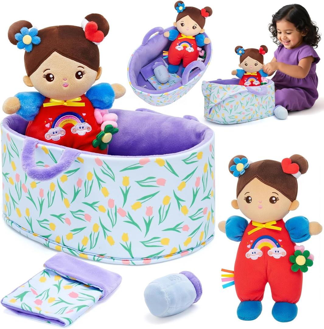OUOZZZ 10" Soft Baby Doll Gift Set - First Baby Doll Accessories Plush Rag Sleeping Cuddle Buddy Doll Toy Brown Skin Mini Doll Set for Kids Girls Boys