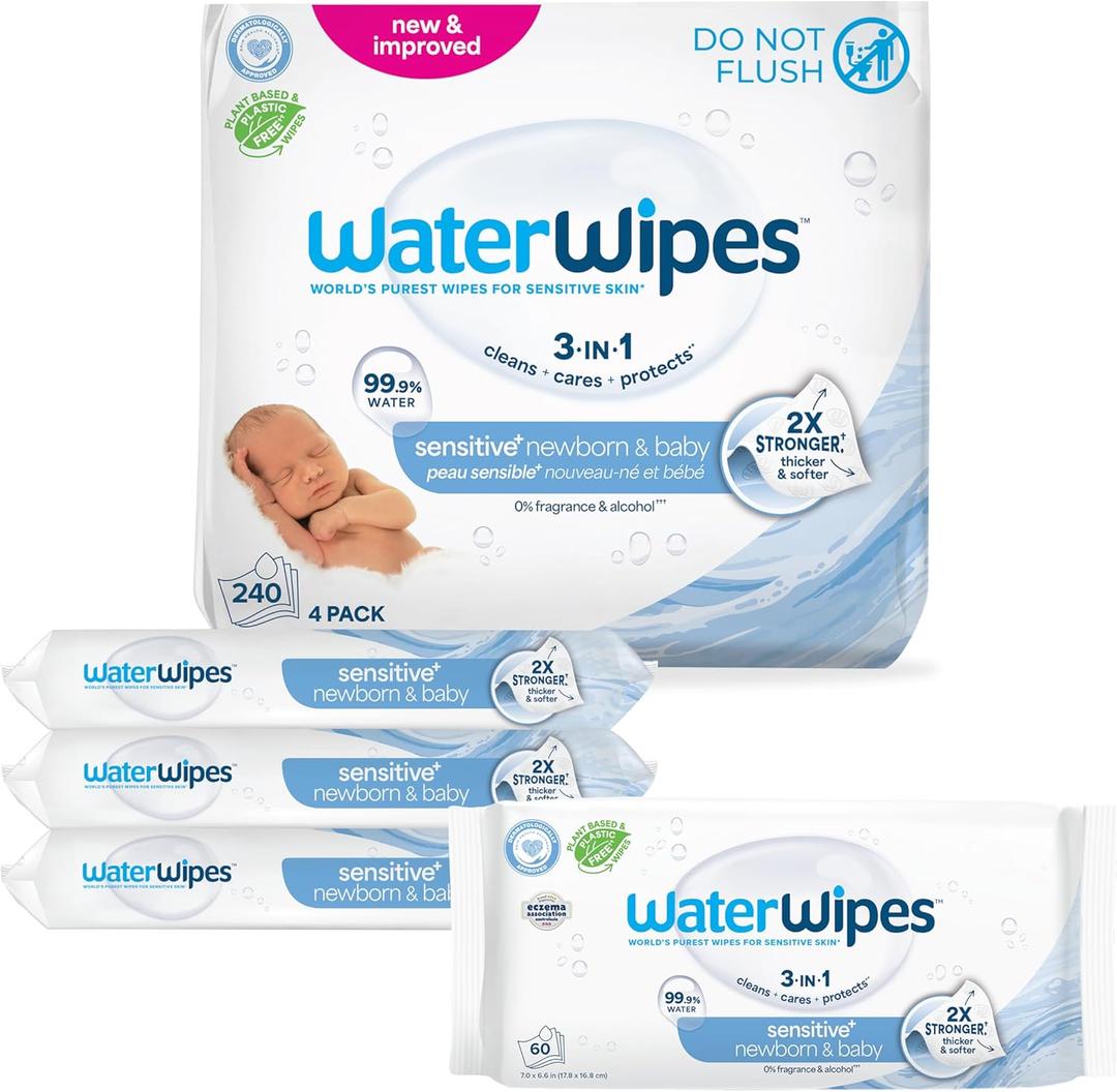 WaterWipes Sensitive+ Newborn & Baby Wipes, 3-In-1 Cleans, Cares, Protects, 99.9% Water, Unscented & Hypoallergenic, 240 Count (4 Packs)