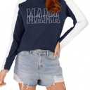 Long Sleeve Mama Shirts for Women Mama Letter Printed T Shirt Auntie Graphic Tees Funny Mom Pullover Top (Blue, XL)