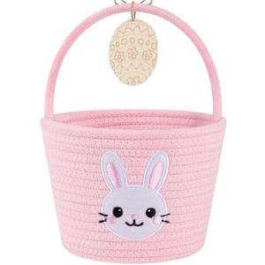 OIAHOMY Gift Basket with Handle, Personalized Baby Basket for Kids, Woven Rope Gift Empty for Toys, Baby Treasure Hunt Baskets with Wooden Card for Boys and Girls - Pink & White