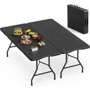 VSOAEIL Set of 2 6 Foot Folding Table for Indoor Outdoor, Portable Heavy Duty Fold-in-Half Utility Plastic Foldable Dining Table with Carrying Handle for Picnic, Camping and Party, 2 Pack Matte Black