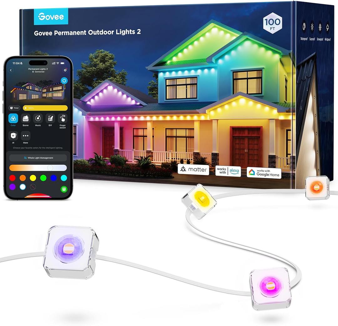 Govee Permanent Outdoor Lights 2, 100ft RGBIC Outdoor Lights with 72 LED Lights, IP67 Waterproof, 100 Scene Modes with 40lm White for Outdoor Decorations, Works with Alexa, Google Assistant, White (100ft, White)