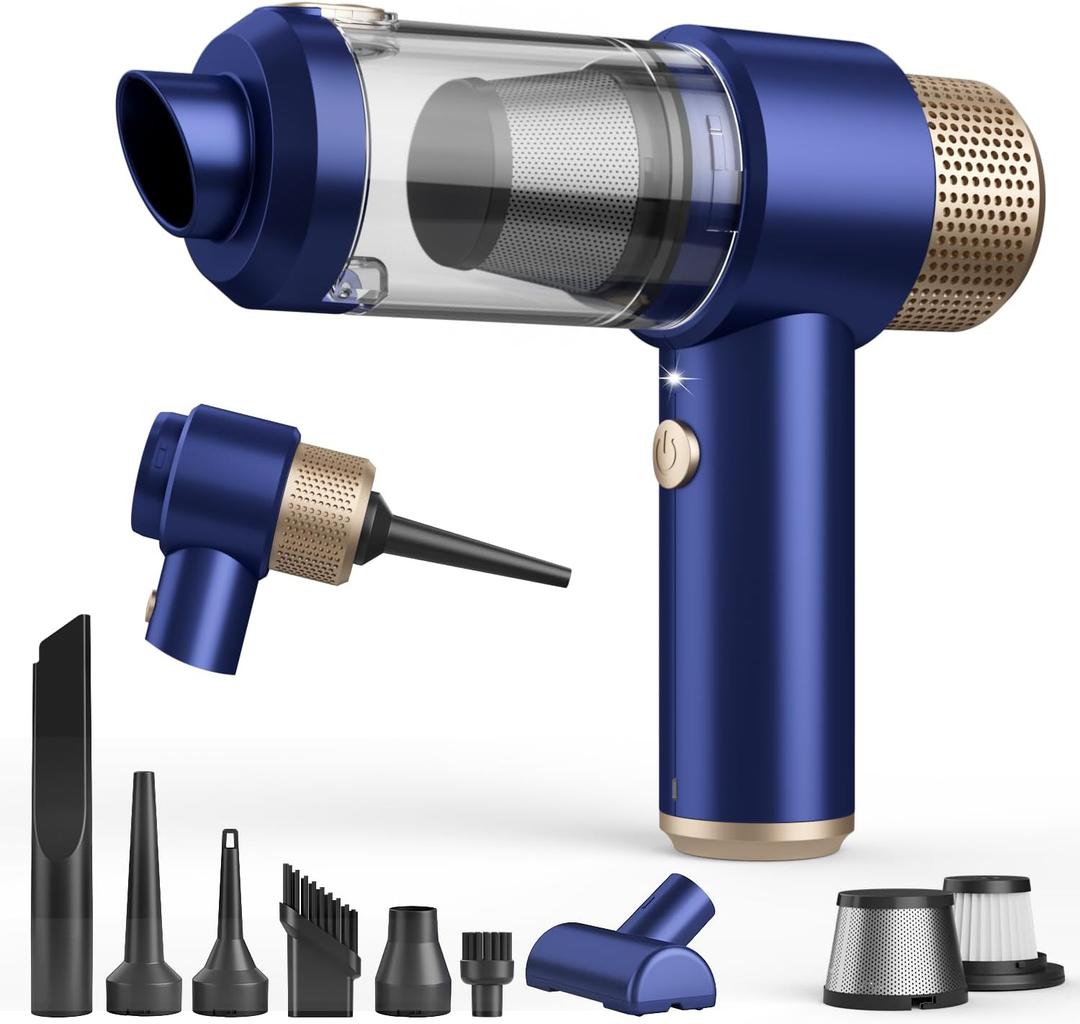 Vizeusvac Car Vacuum Cleaner, 16000PA Mini Car Vacuum Cordless Powerful, 7 in 1 Portable Handheld Vacuum Cordless with LED Light, Dual Filters, One-Touch Empty for Pet Hair, Home, Office (Blue 2)