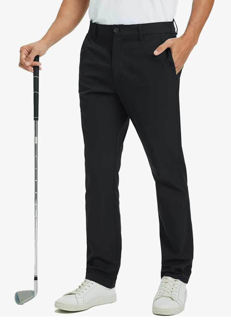 Rouen Golf Pants Men 8 Pockets Water Resistant Flat Front - 30"/32"/34" Chino Dress Pants Lightweight Stretch Casual Trousers, Black, Size 34Wx32L