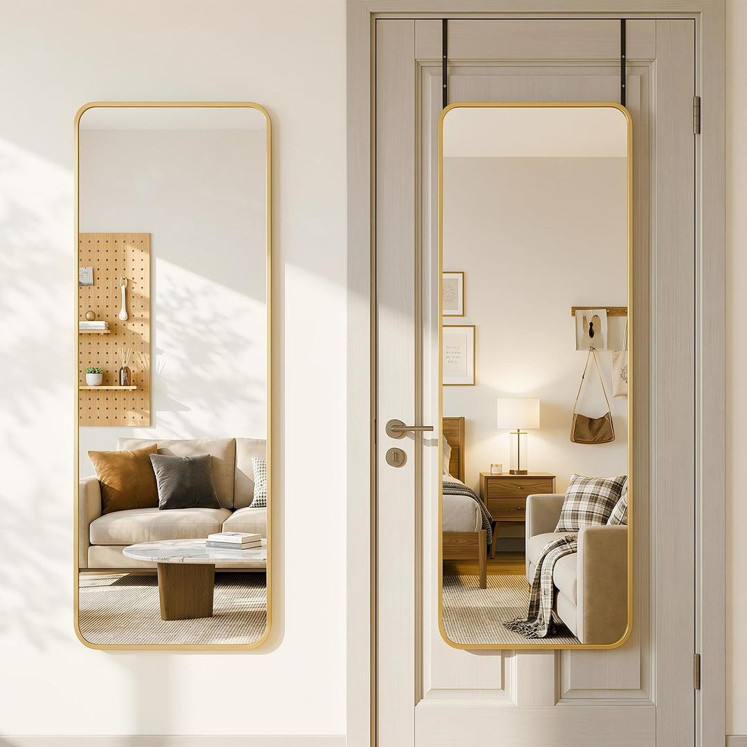 Antok 58"x20" Over the Door Mirror, Full Length Mirror with Stand, Gold