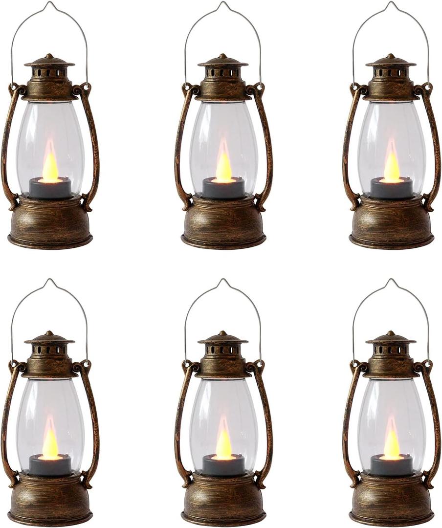 (12 Pcs-5.1in) Mini Lanterns for Vintage Western Christmas Decor, Lightweight Bronze Small LED Lanterns Decorative Indoor & Outdoor Hanging Ornaments for Weddings Party Halloween Decorations (Brushed Brown)