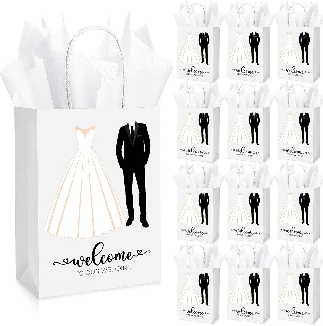 Zhanmai 50 Sets 5.91 x 3.15 x 8.27 Inches Wedding Welcome Bags with Sheets Tissue Paper and Handles Party Favor Bags Welcome to Our Wedding for Guests